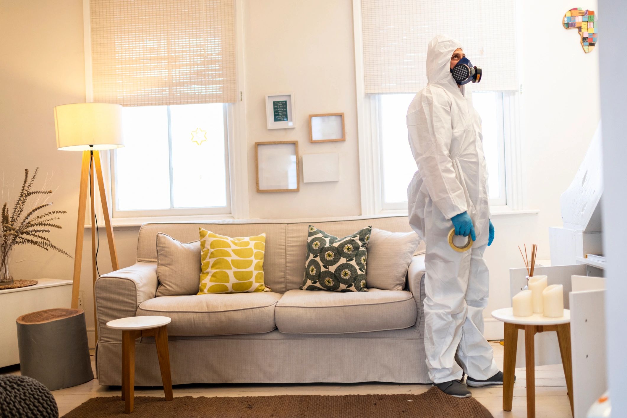 Inspector wearing protective equipment during an indoor inspection.